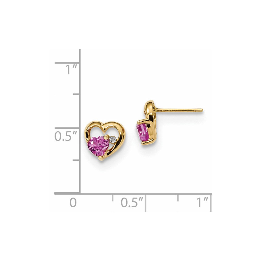 14k Yellow Gold w/ Created Pink Sapphire & Real Diamond Post Heart Earrings