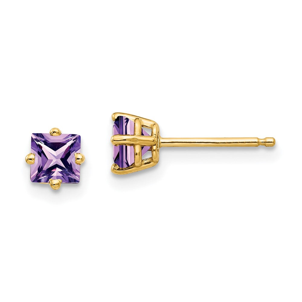 14k Yellow Gold 4mm Princess Cut Amethyst Earrings