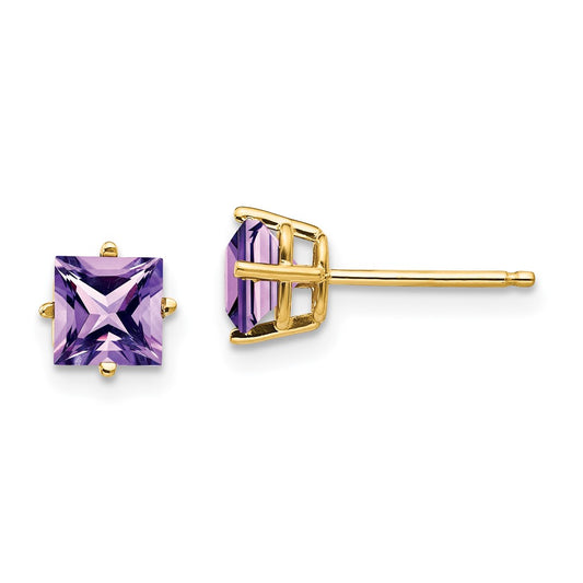 14k Yellow Gold 5mm Princess Cut Amethyst Earrings