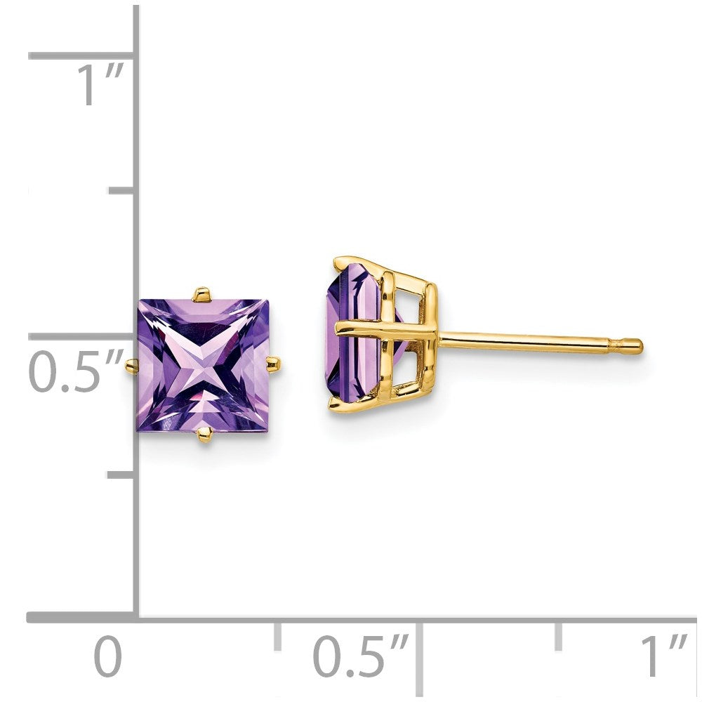 14k Yellow Gold 6mm Princess Cut Amethyst Earrings