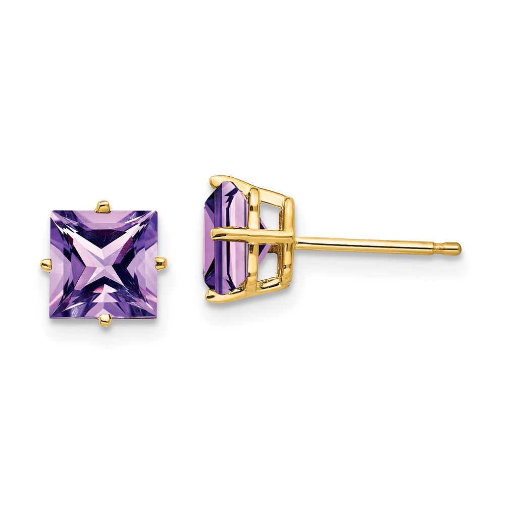 14k Yellow Gold 6mm Princess Cut Amethyst Earrings