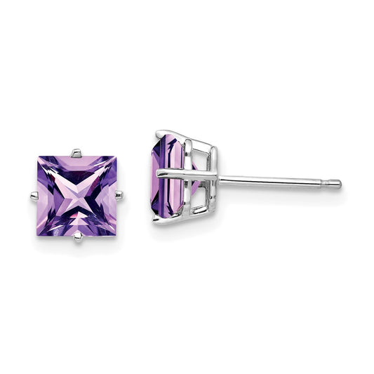 14k White Gold 6mm Princess Cut Amethyst Earrings