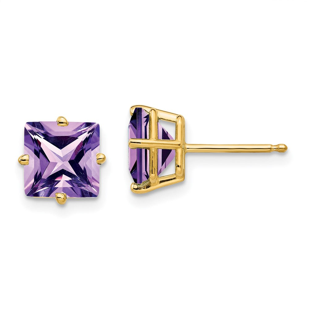 14k Yellow Gold 7mm Princess Cut Amethyst Earrings