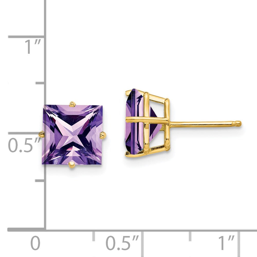 14k Yellow Gold 8mm Princess Cut Amethyst Earrings