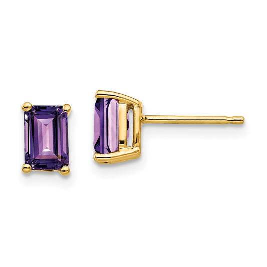 14k Yellow Gold 6x4mm Emerald Cut Amethyst Earrings