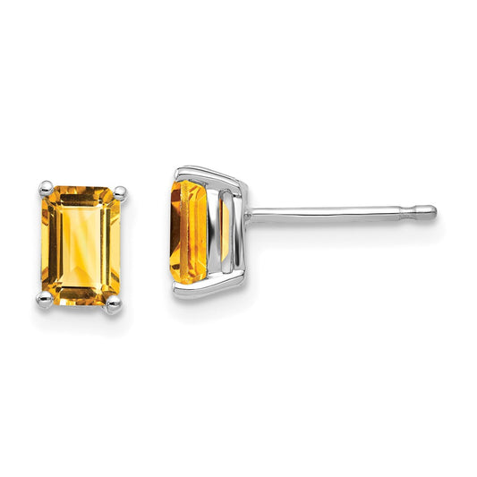 14k White Gold 6x4mm Emerald Cut Citrine Earrings