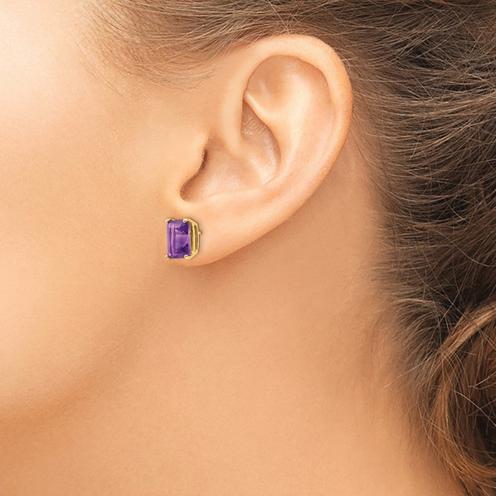 14k Yellow Gold 9x7mm Emerald Cut Amethyst Earrings