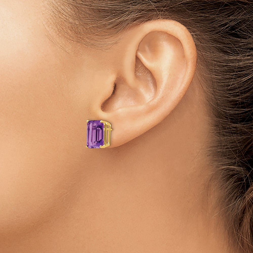 14k Yellow Gold 12x10mm Emerald Cut Amethyst Earrings