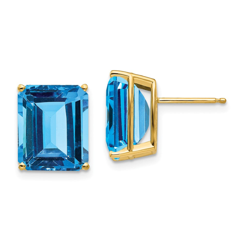 14k Yellow Gold 12x10mm Emerald Cut Blue Topaz Earrings