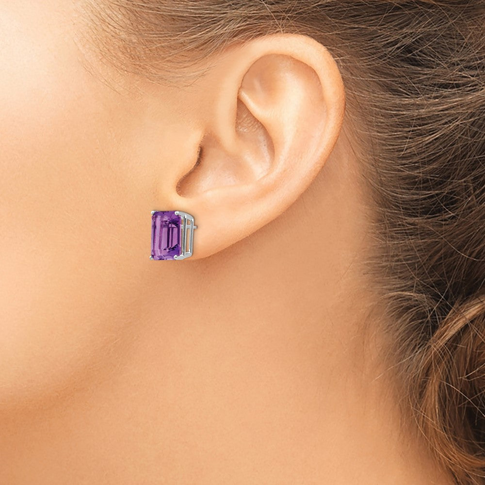 14k White Gold 12x10mm Emerald Cut Amethyst Earrings