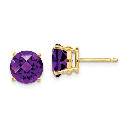 14k Yellow Gold 8mm Amethyst Checker Post Earrings