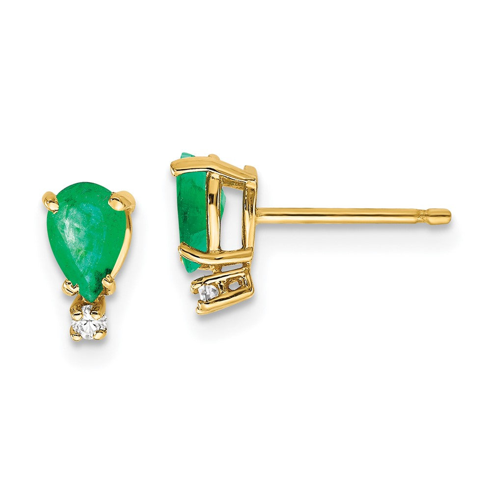 14k Yellow Gold 6x4mm Pear Emerald & AAA Real Diamond Earrings