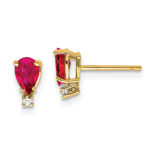 14k Yellow Gold 6x4mm Pear Ruby & AAA Real Diamond Earrings