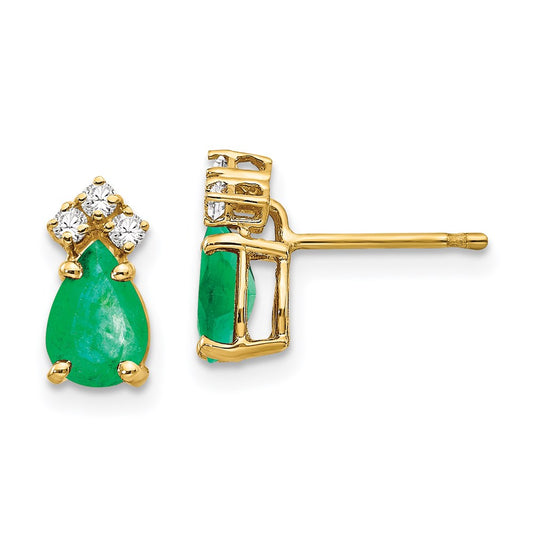 14k Yellow Gold 7x5mm Pear Emerald & AAA Real Diamond Earrings