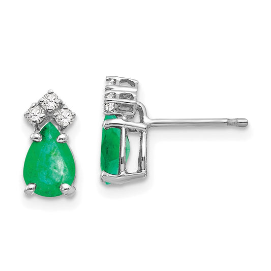 14k White Gold 7x5mm Pear Emerald & AAA Real Diamond Earrings