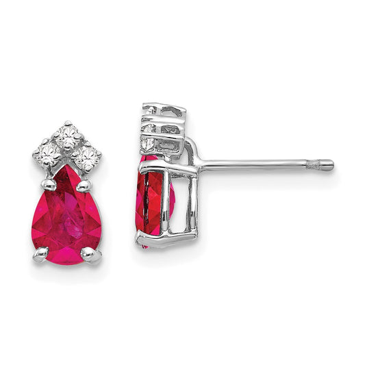 14k White Gold 7x5mm Pear Ruby & AAA Real Diamond Earrings