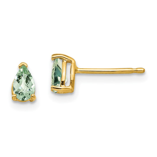 14k Yellow Gold 5x3 Pear Checker-Cut Green Quartz Earrings