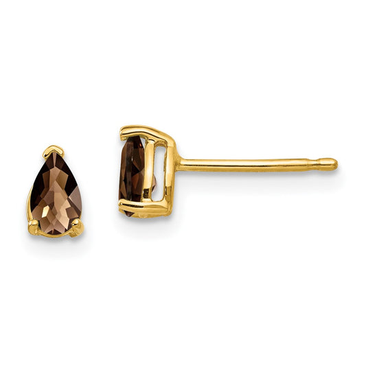 14k Yellow Gold 5x3 Pear Checker-Cut Smok Yellow Gold Quartz Earrings