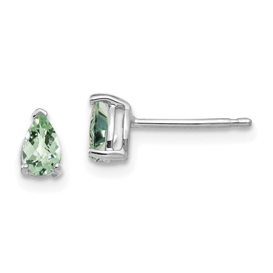 14k White Gold 5x3 Pear Checker-Cut Green Quartz Earrings