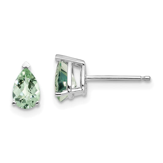 14k White Gold 6x4 Pear Checker-Cut Green Quartz Earrings