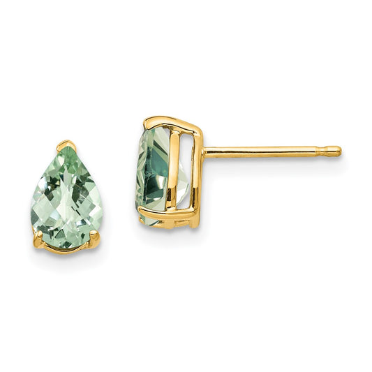 14k Yellow Gold 7x5 Pear Checker-Cut Green Quartz Earrings