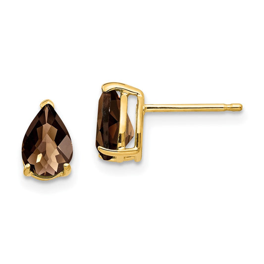 14k Yellow Gold 7x5 Pear Checker-Cut Smok Yellow Gold Quartz Earrings