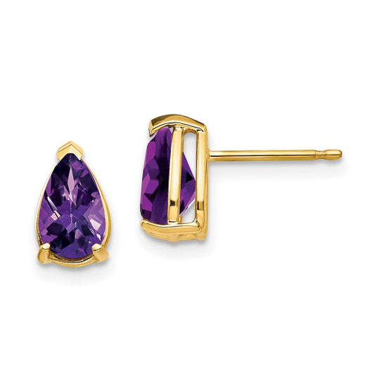 14k Yellow Gold 8x5mm Pear Amethyst Checker Earrings