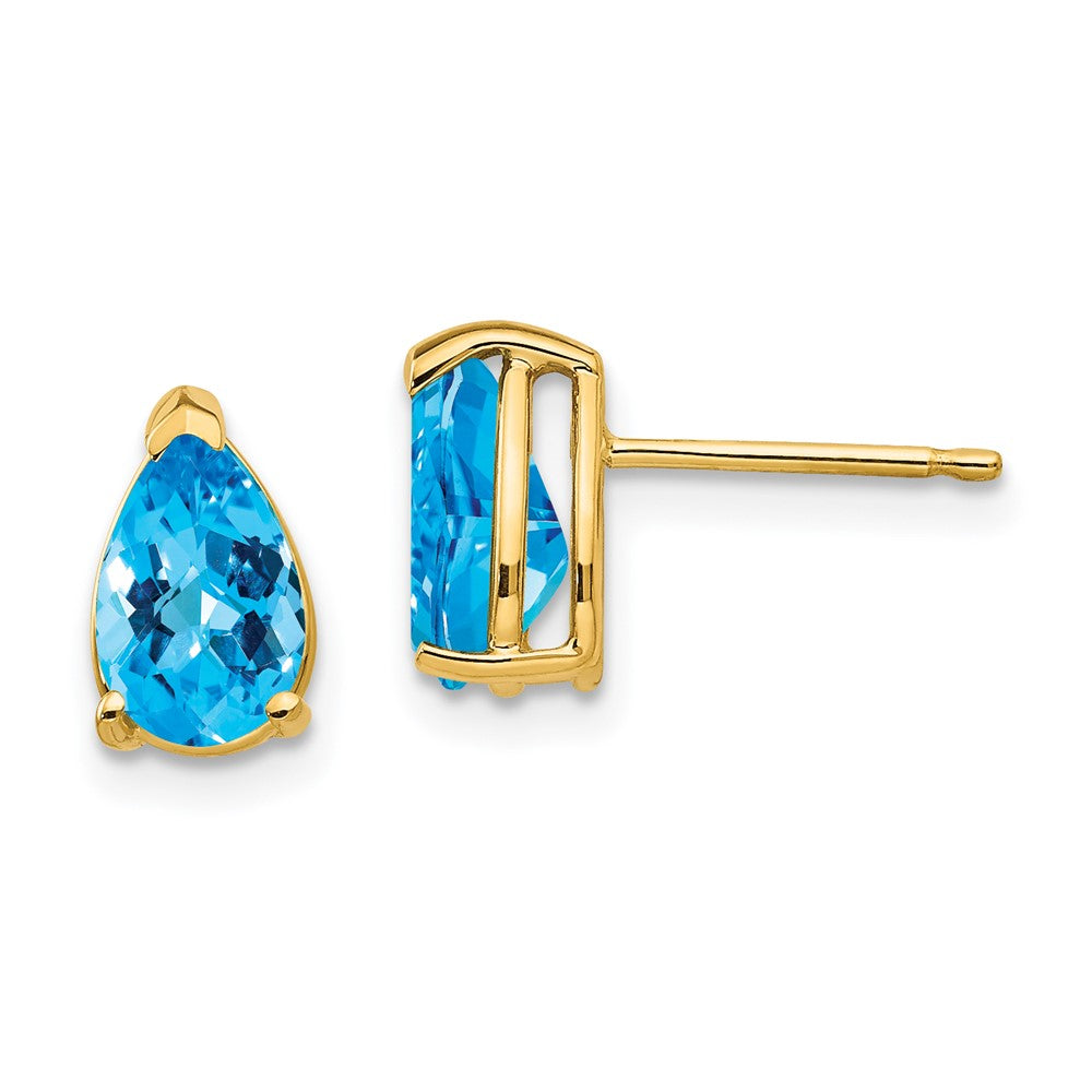 14k Yellow Gold 8x5mm Pear Blue Topaz Checker Earrings