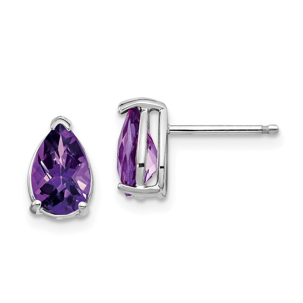 14k White Gold 8x5mm Pear Amethyst Checker Earrings