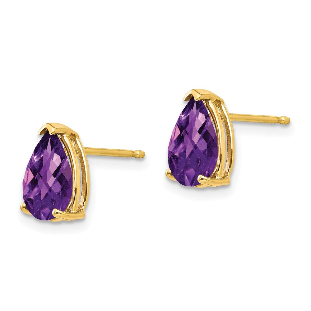 14k Yellow Gold 9x6mm Pear Amethyst Checker Earrings