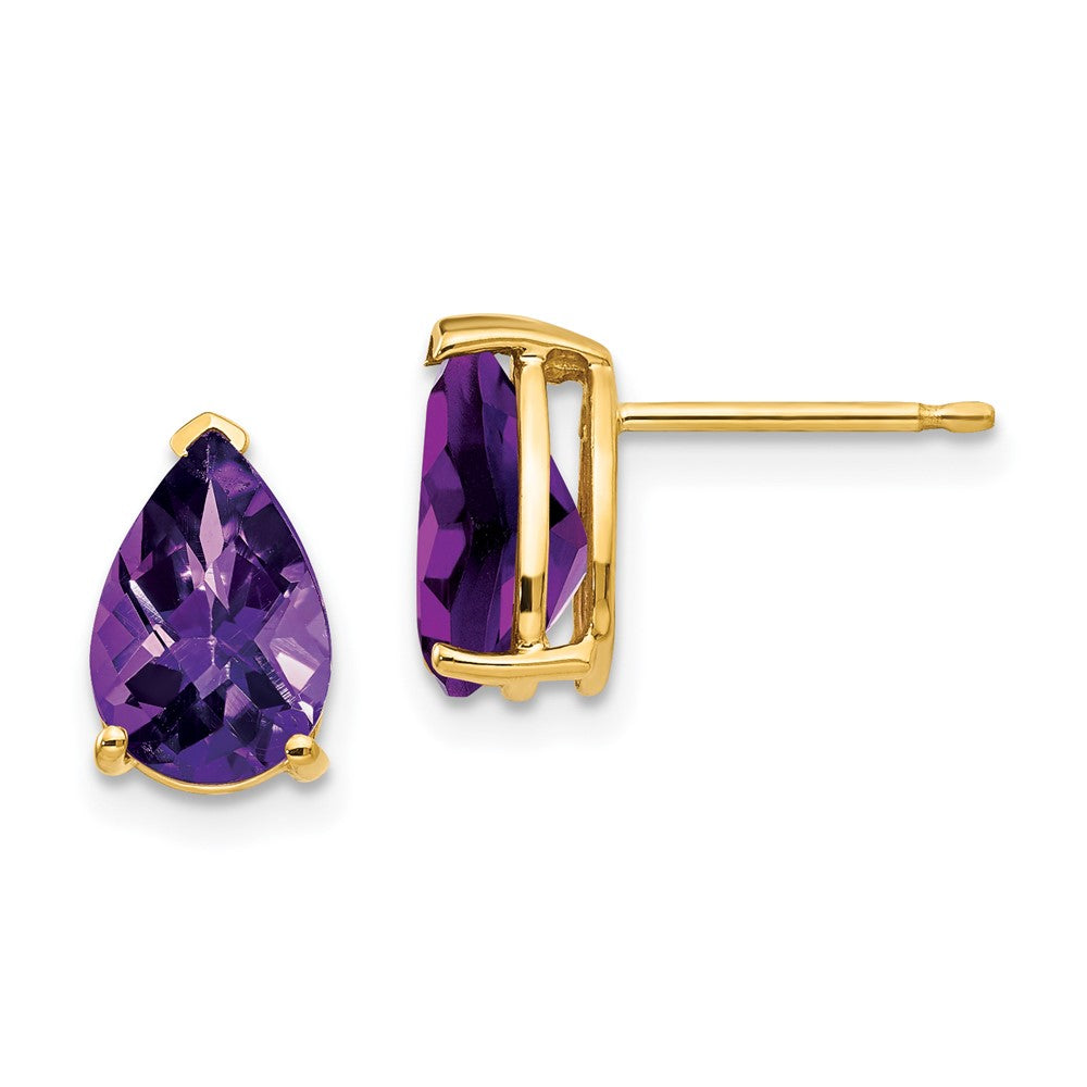 14k Yellow Gold 9x6mm Pear Amethyst Checker Earrings