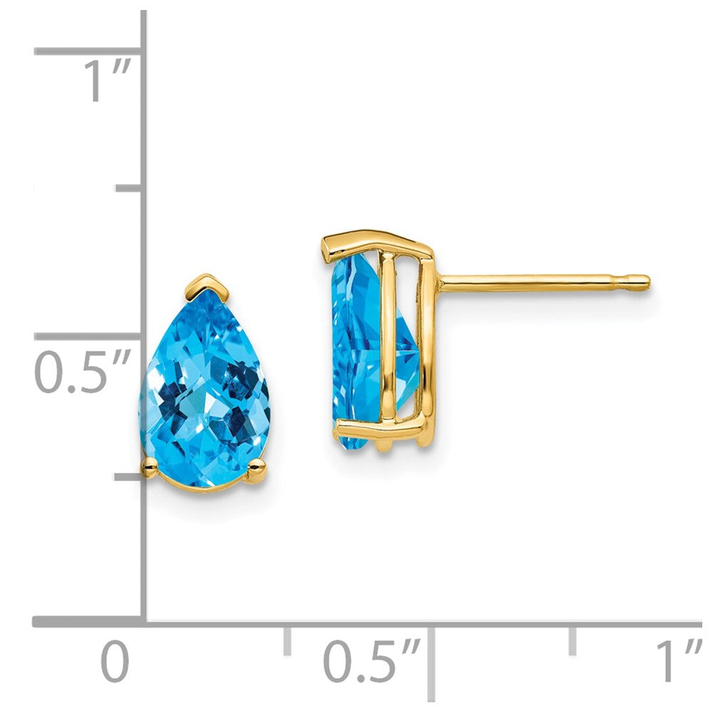 14k Yellow Gold 9x6mm Pear Blue Topaz Checker Earrings