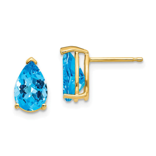 14k Yellow Gold 9x6mm Pear Blue Topaz Checker Earrings