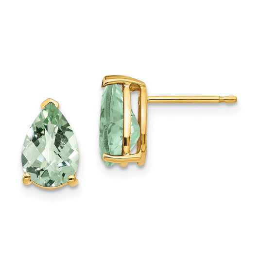 14k Yellow Gold 9x6 Pear Checker-Cut Green Quartz Earrings