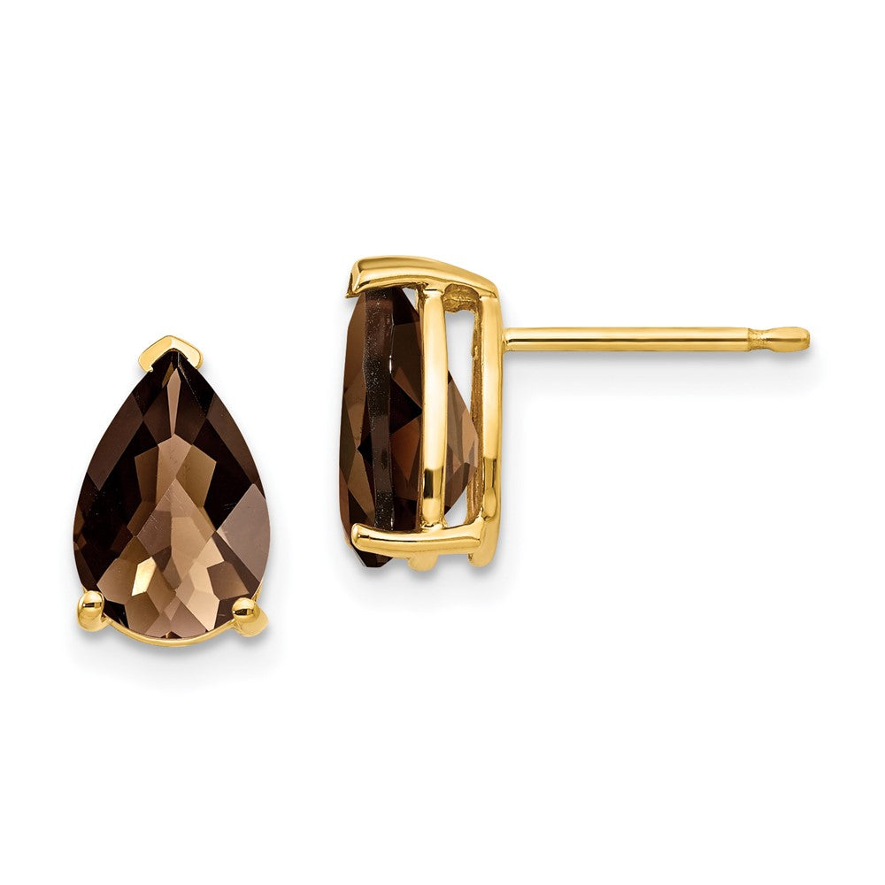 14k Yellow Gold 9x6 Pear Checker-Cut Smok Yellow Gold Quartz Earrings