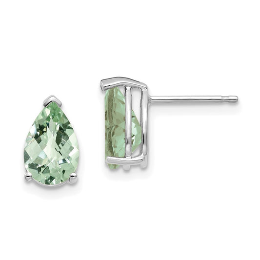 14k White Gold 9x6 Pear Checker-Cut Green Quartz Earrings