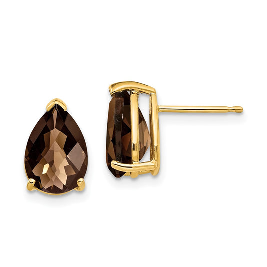 14k Yellow Gold 10x7 Pear Checker-Cut Smok Yellow Gold Quartz Earrings