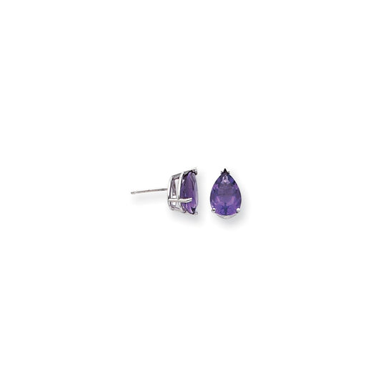 14k White Gold 10x7mm Pear Amethyst Checker Earrings