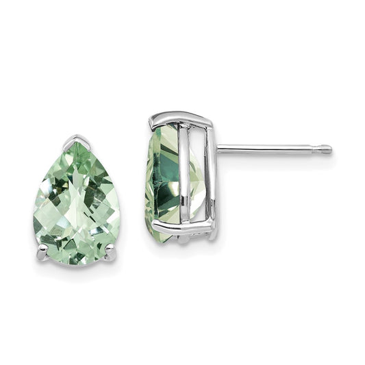 14k White Gold 10x7 Pear Checker-Cut Green Quartz Earrings