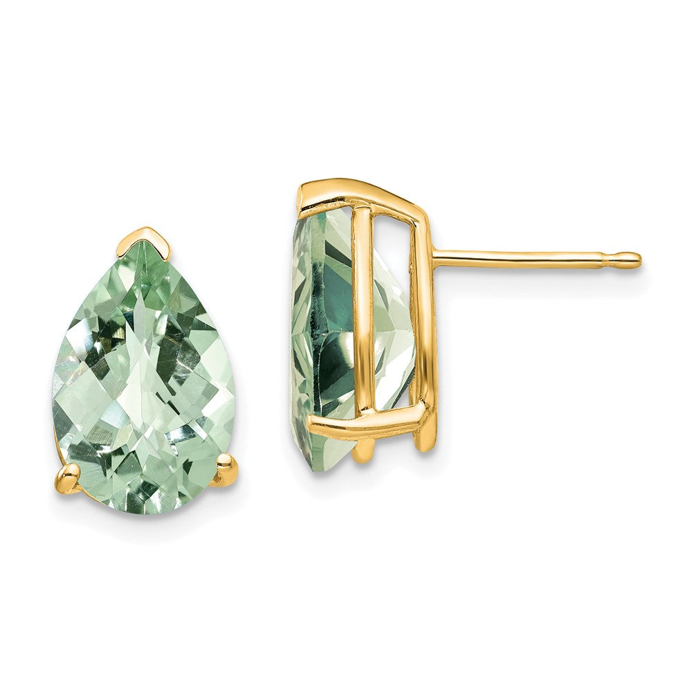 14k Yellow Gold 12x8 Pear Checker-Cut Green Quartz Earrings