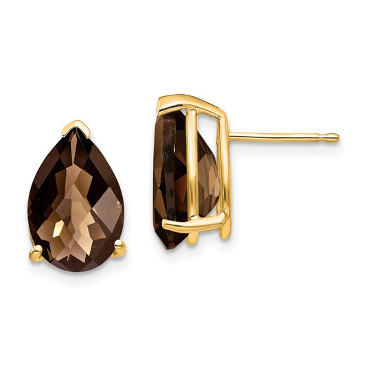 14k Yellow Gold 12x8 Pear Checker-Cut Smok Yellow Gold Quartz Earrings