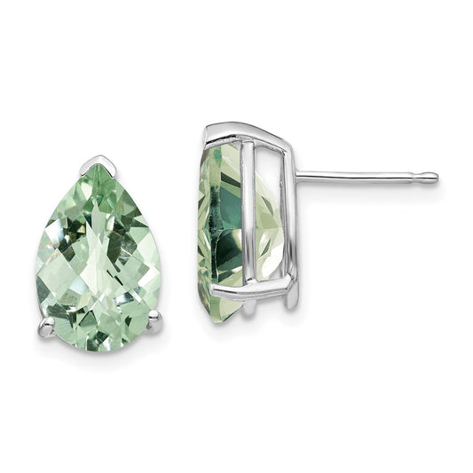 14k White Gold 12x8 Pear Checker-Cut Green Quartz Earrings