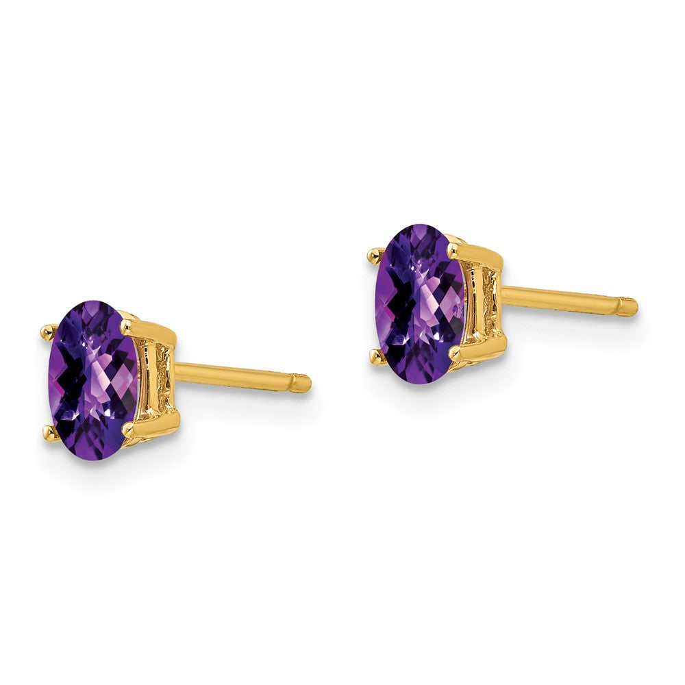 14k Yellow Gold 6x4mm Oval Amethyst Checker Earrings