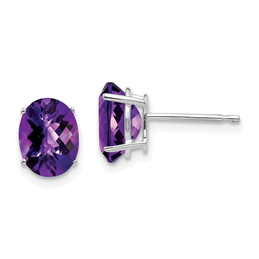 14k White Gold 8x6mm Oval Amethyst Checker Earrings