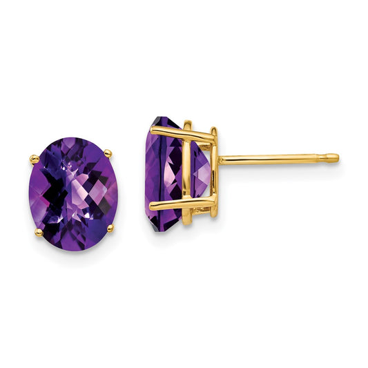 14k Yellow Gold 9x7mm Oval Amethyst Checker Earrings