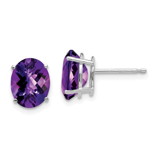 14k White Gold 9x7mm Oval Amethyst Checker Earrings