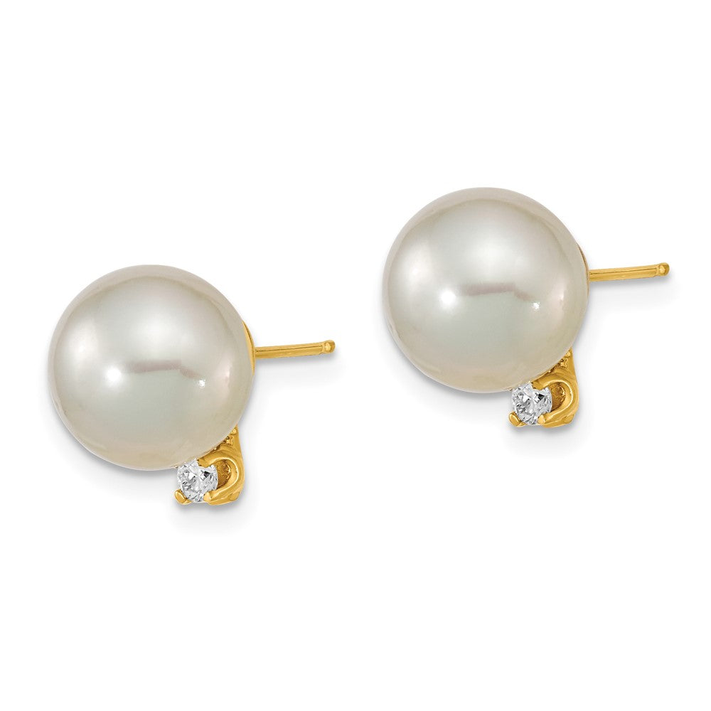 14k 9 10mm White Saltwater Cultured South Sea Pearl .10ct Dia Earrings