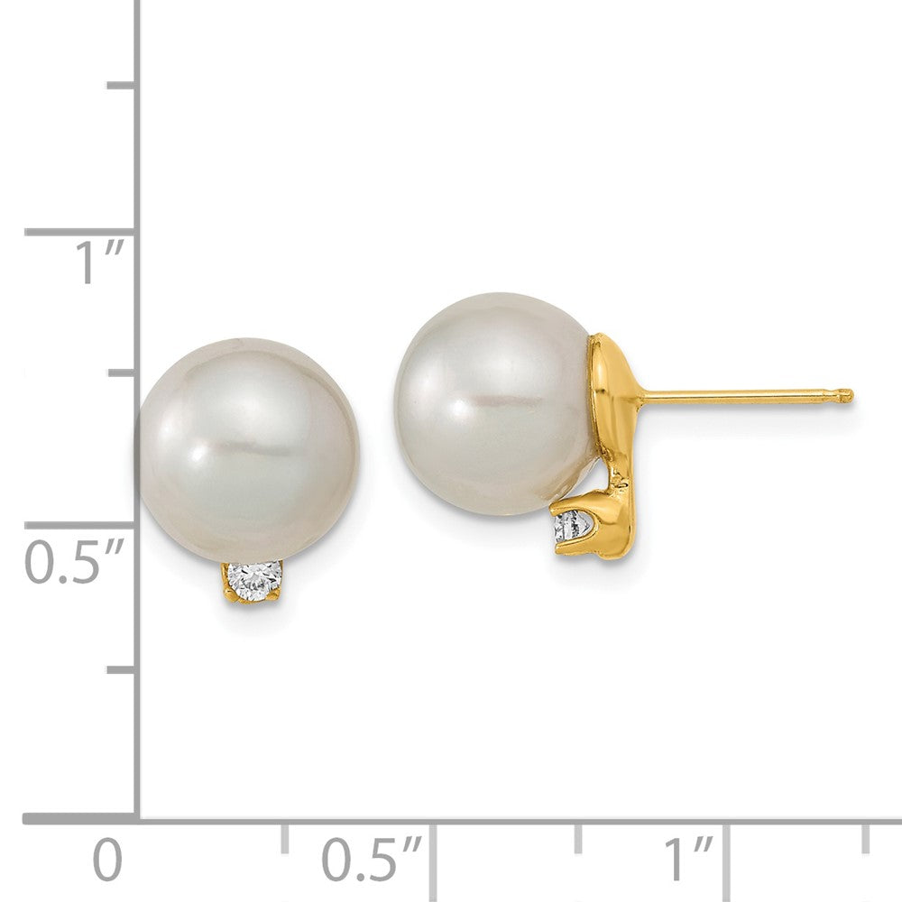 14k 9 10mm White Saltwater Cultured South Sea Pearl .10ct Dia Earrings