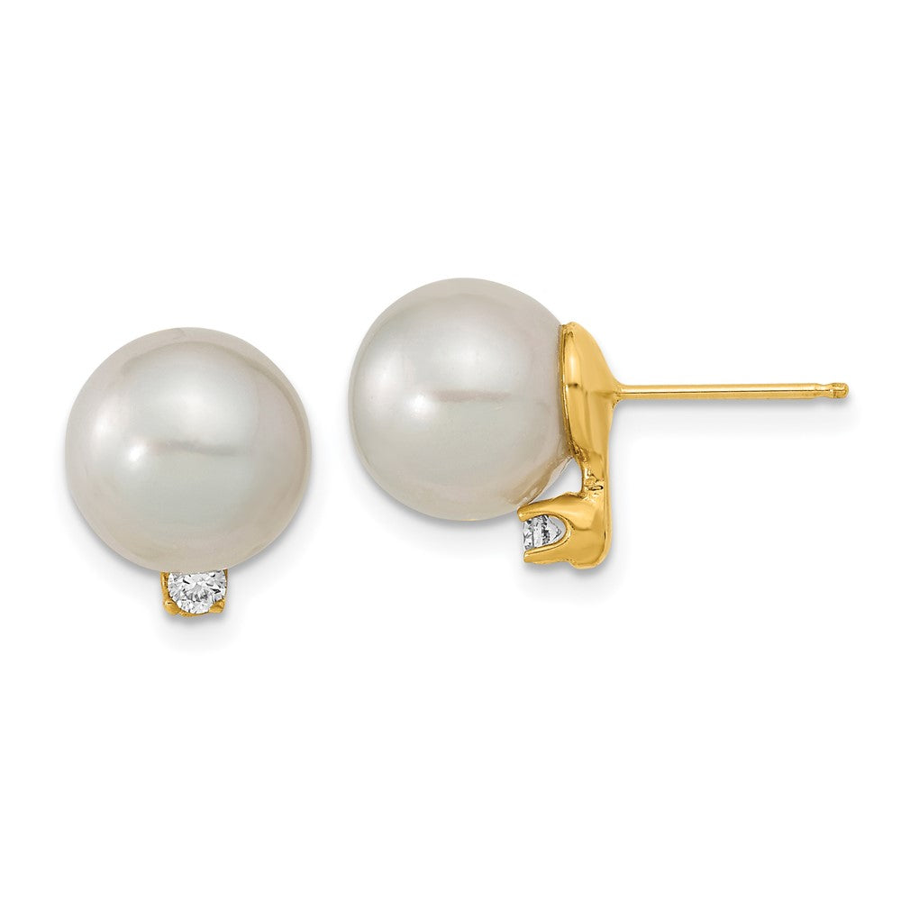 14k 9 10mm White Saltwater Cultured South Sea Pearl .10ct Dia Earrings