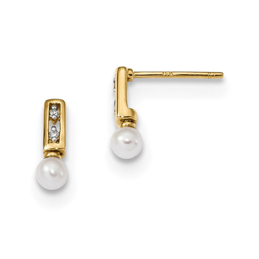 14K Gold with FW Cultured Pearl and Diamond Post Dangle Earrings